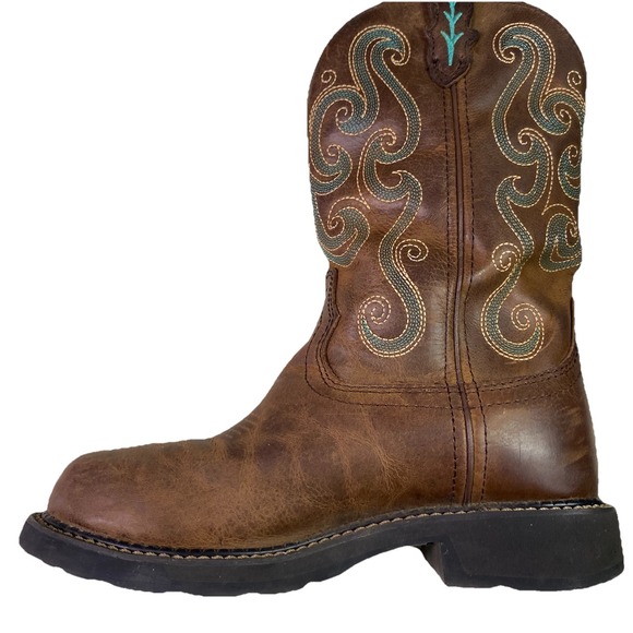 Justin Chocolate Chip Womens Leather Steel Toe Brown&Blue Cowgirl Boots Sz.6.5 B - Picture 9 of 14